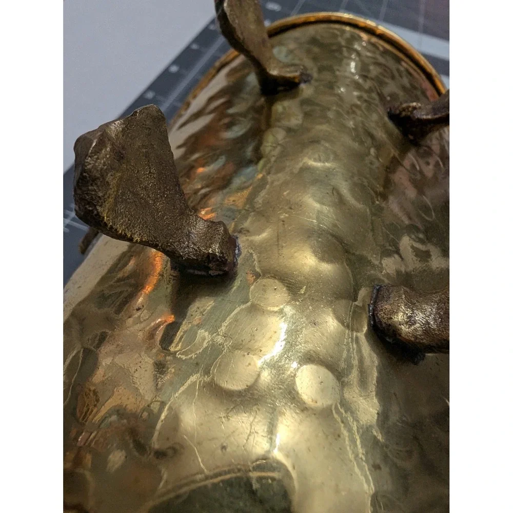 Hammered Brass miniature fire log holder hinged claw foot 7 inch vintage decor